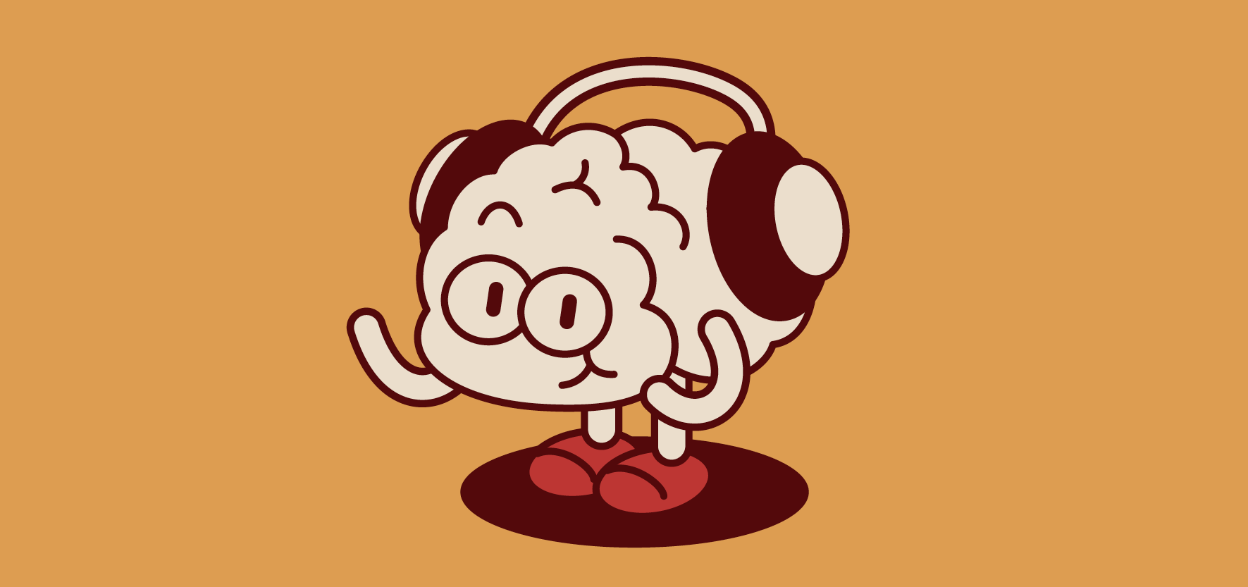 An illustration of a human brain with feet, arms, and shoes also wearing headphones while smiling